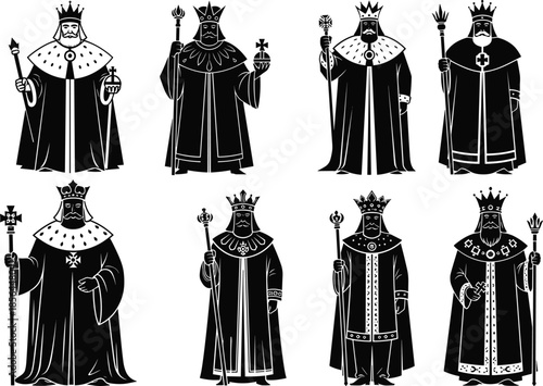 King illustrations, royal figures, crown icons, regal pose, monarchy art, scepter symbols, black and white, noble attire, graphic royalty, medieval kings