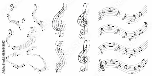 Various musical notes and symbols arranged in repeating patterns on a white background