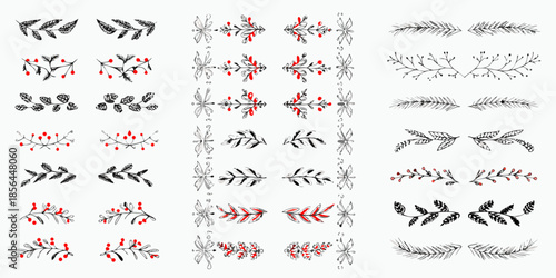 Collection of decorative botanical branches with leaves and red berries illustrations