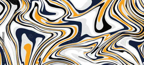 A vibrant, dynamic abstract background featuring a fluid, liquid marble effect. Wavy lines of black, white, orange, and a very dark ocean blue.