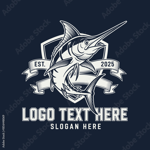 Customizable marlin fish logo with shield and banner on dark blue background