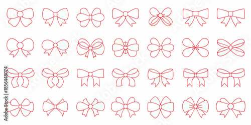 A collection of delicate red ribbon bows arranged in neat rows