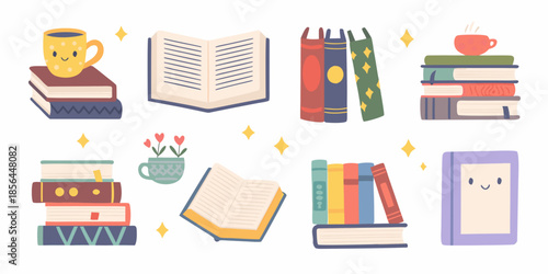 A colorful collection of books open pages and steaming beverages