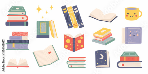 Colorful stacks of books open volumes and a mug create a reading atmosphere