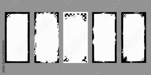 Five rectangular frames with distressed edges against a grayscale background