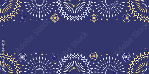A festive dark blue background adorned with golden and white starburst firework patterns