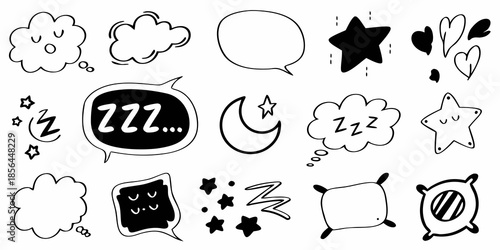 Charming hand drawn doodle set featuring clouds stars speech bubbles and sleepy elements