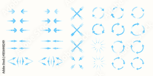 Arrangement of abstract blue arrow and circular shapes in a grid pattern