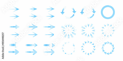 Collection of blue arrows and circular flow symbols depicting direction and movement