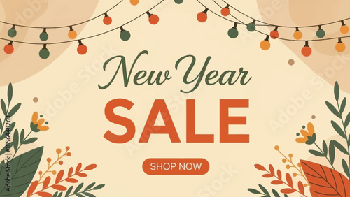 New Year Sale banner with colorful string lights and floral elements