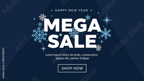 Mega sale advertisement with snowflakes on dark blue background