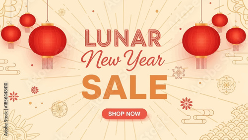 Vibrant Lunar New Year sale banner with red lanterns and gold accents