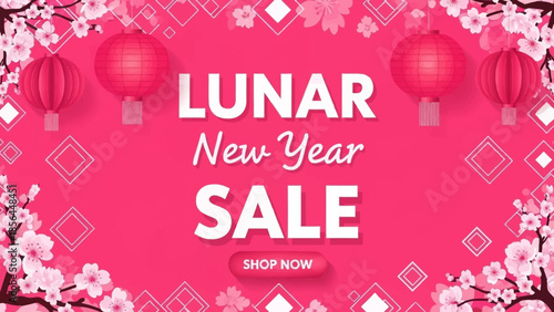 Vibrant Lunar New Year sale banner with cherry blossoms and lanterns
