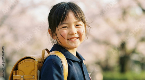 Wallpaper Mural Japanese school child portrait with backpack and sakura pastel background Torontodigital.ca