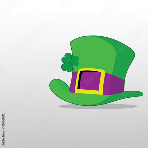 St Patricks Day Leprechaun Green Top Hat with Shamrock and Purple Ribbon Flat Vector Illustration