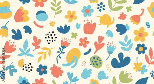 A playful and colorful seamless pattern of abstract, hand-drawn flowers, leaves, and shapes in a whimsical, naive art style.