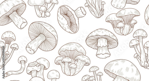 A detailed seamless pattern of various edible mushrooms in a vintage, hand-drawn brown engraving style on a white background.