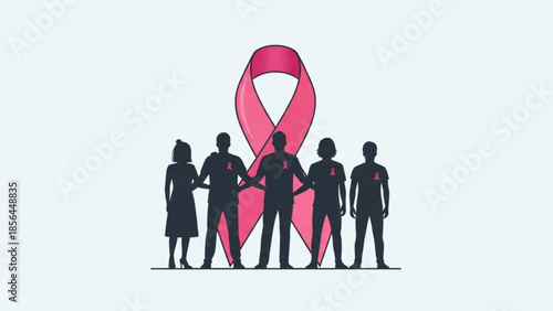 Breast Cancer Awareness Group of People Standing Together with Pink Ribbon Symbolizing Support and Solidarity