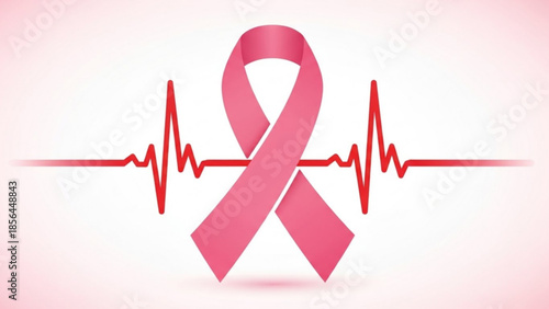 Pink Breast Cancer Awareness Ribbon with Heartbeat on White Background