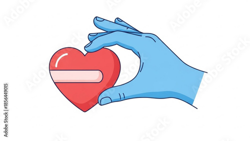 Hand with Glove Holding Red Heart with Bandage, Isolated on White Background