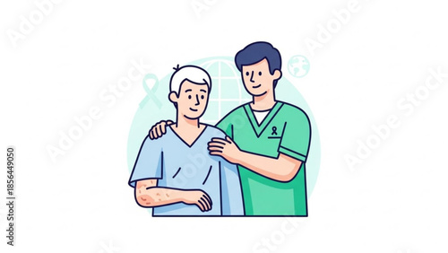 Nurse Supporting Senior Patient in Hospital Ward, Caring Illustration