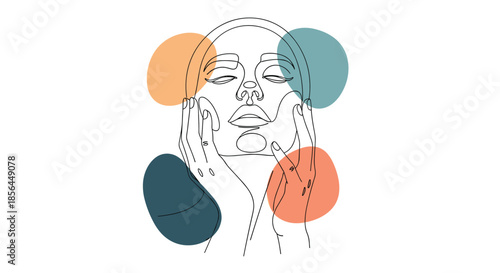 A minimalist one-line drawing of a woman's face with closed eyes, framed by her hands and decorated with abstract, colorful organic shapes.