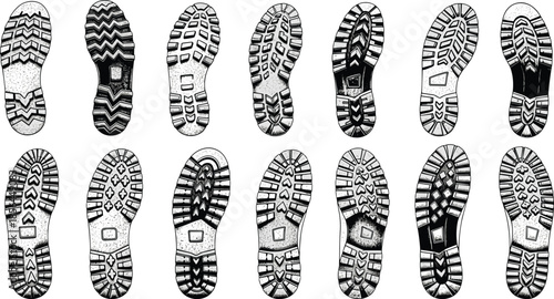 Shoe sole tread patterns collection, footwear outsole textures, boot footprint designs, sneaker bottom details, footwear traction illustration