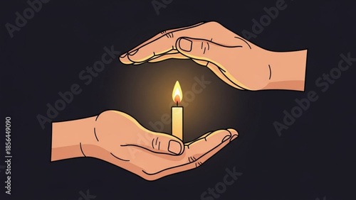 Hands Holding Lit Candle with Care and Protection, Isolated on Black Background, Symbolizing Hope
