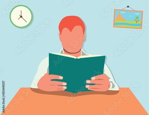 Man Sitting at Desk Reading Book in Home Office Flat Vector Illustration for Education and Remote Work