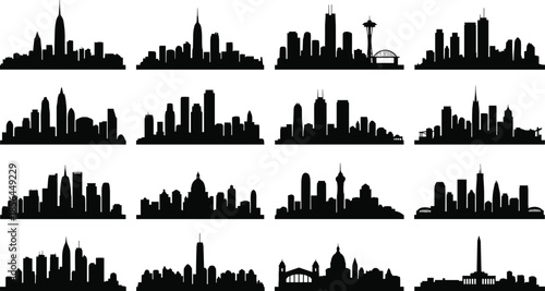 Silhouette collection of famous city skylines global landmarks urban architecture buildings skyline set tourism travel iconic cityscape illustration isolated on white background