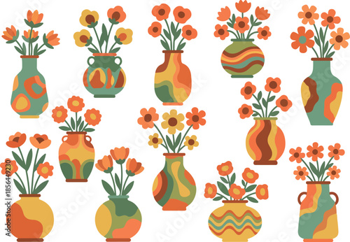 Floral Arrangement in Bohemian Vases Artistic Home Decor Illustration