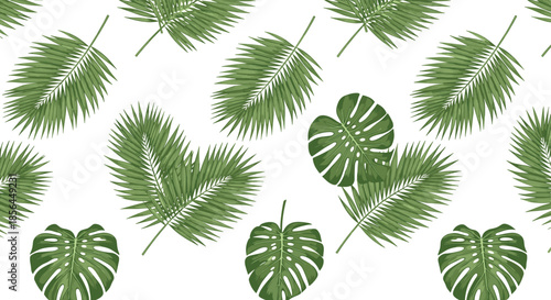 A seamless pattern of green tropical leaves, featuring realistic monstera and palm fronds, creating a lush, botanical jungle background.