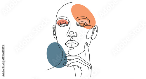A modern abstract portrait of a thoughtful woman's face in a continuous one-line art style, enhanced with elegant color shapes.