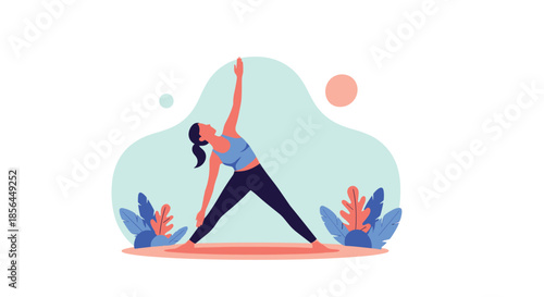A woman practicing the extended triangle yoga pose (Trikonasana) in a serene setting with plants, promoting health and well-being.