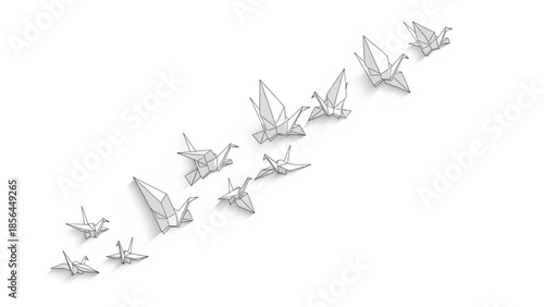 Minimalist flying paper origami cranes flock