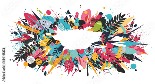 A vibrant and dynamic banner with a central white copy space, surrounded by an explosion of colorful abstract floral and geometric elements.