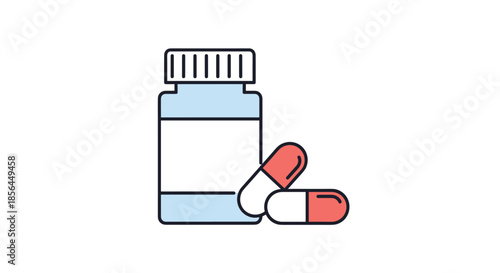A medical icon showing a prescription pill bottle with two red and white capsules next to it, representing pharmacy and healthcare.