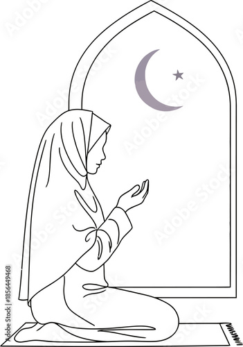 woman in hijab praying on mat in front of arched window with crescent moon and star