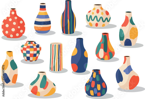 Colorful Assortment of Hand-Painted Ceramic Vases Vector Illustration