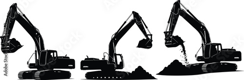 Silhouette illustration of excavators digging lifting and dumping soil heavy construction machinery earthmoving equipment working on construction site isolated on white background