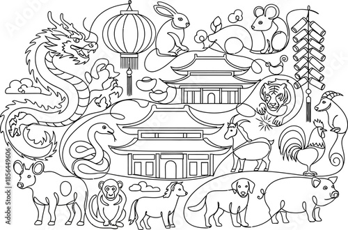 Chinese zodiac animals and temple illustration for coloring book page