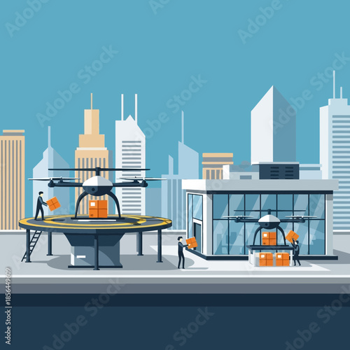 Drones are loaded with boxes by people near a building in a city.