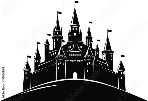 Silhouette illustration of majestic fairytale castle fortress with towers flags fantasy medieval architecture iconic palace design isolated on white background