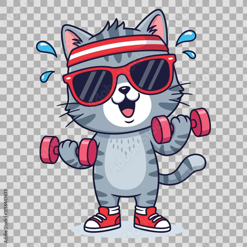 A funny cartoon illustration of a smiling zombie cat character wearing a clown hat, isolated as a vector drawing for a fun Halloween toy pet