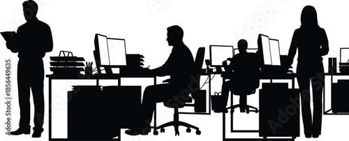 Silhouette illustration of office workers at desks using computers, modern workplace scene with teamwork, business environment and professional corporate atmosphere