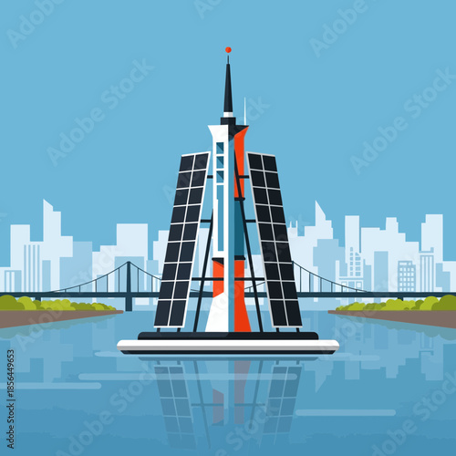 Tower with solar panels stands in water with city and bridge behind.