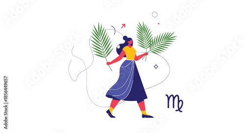 A modern flat illustration of the Virgo zodiac sign, showing a stylish woman holding two large green palm leaves with astro symbols.