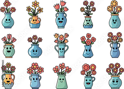 Whimsical Floral Buddies Cartoon Vases Bursting with Cheerful Blooms