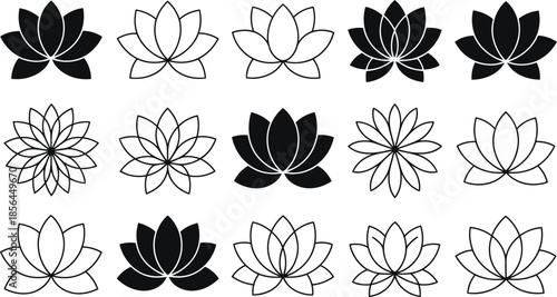 Set of lotus flower icons and zen floral symbols for wellness logo design work