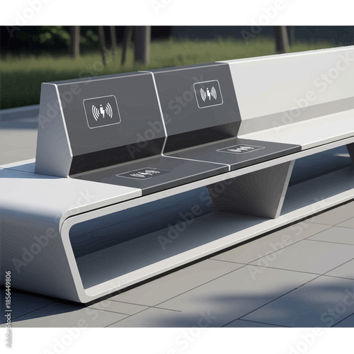 Modern bench with wireless charging symbols on seats and backrests outdoors.